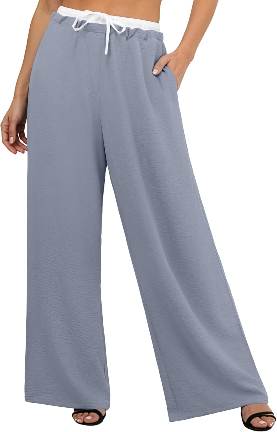 Womens Wide Leg Pants Flowy Hight Waist Adjustable Drawstring Palazzo Trousers Casual Patchwork Pants with Pockets - Image 2