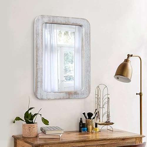 Miniatura 3 de Espejo rectangular para pared, espejo de madera, espejo de pared blanco rústico, espejo decorativo con marco de madera, espejo colgante rectangular