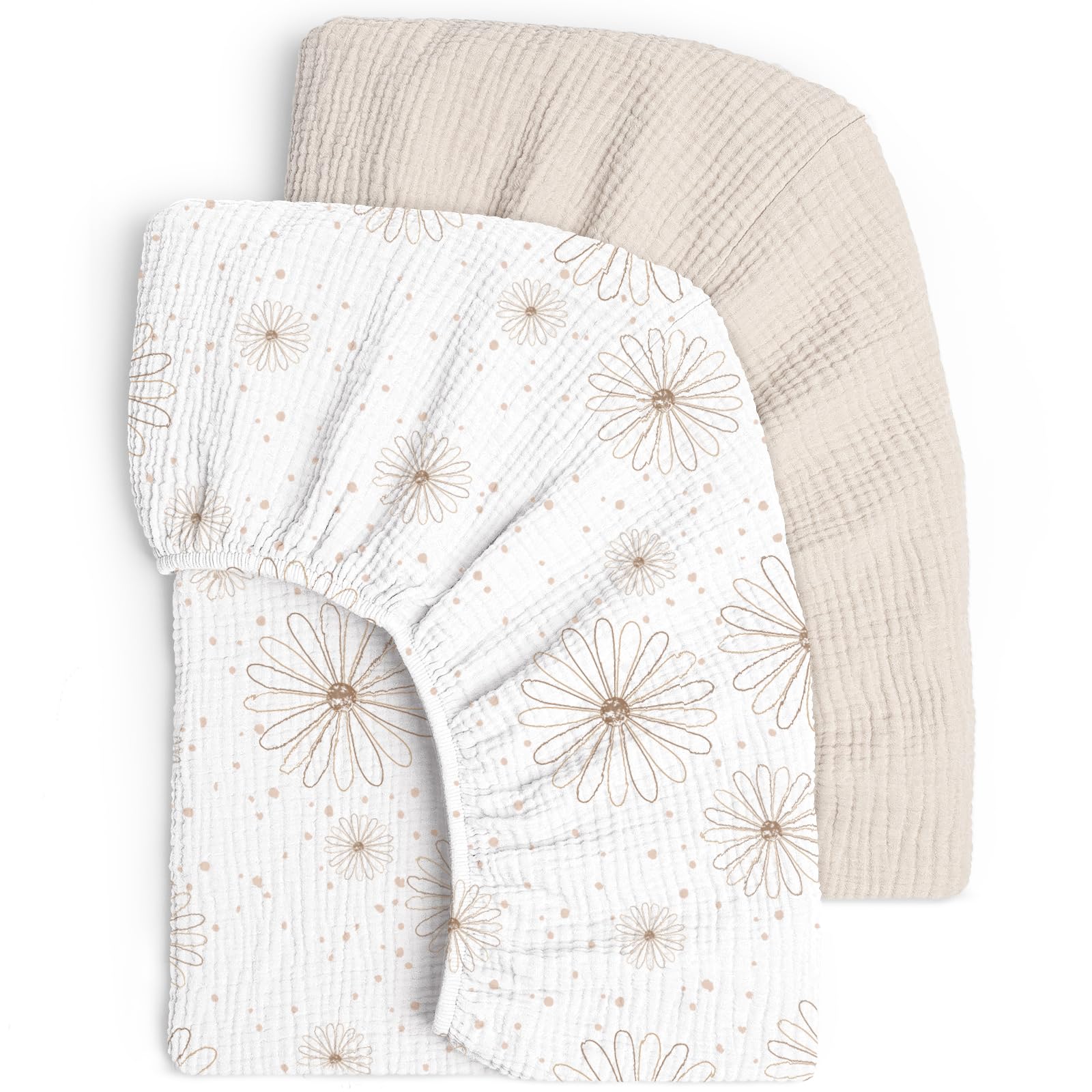 lulumoon 2er Pack Musselin Baby Spannbettlaken 60x120cm / 70x140 cm für Babybett & Reisebett - Weiche Oeko-Tex Baumwolle - Atmungsaktiv - Passend für roba Babybetten (Gänseblümchen Weiß, 60x120cm)