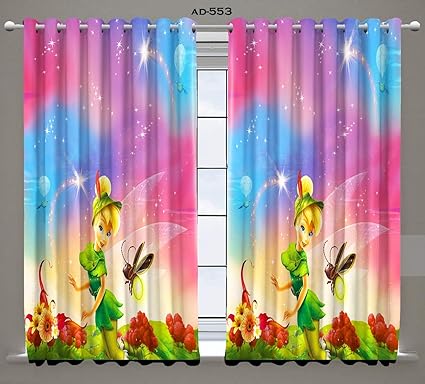 Riftree Polyester Cartoon Character Digital Print Window Curtains for Kids Room (Green, Pink, Blue, 4 x 5 feet) - Pack of 2 Pieces