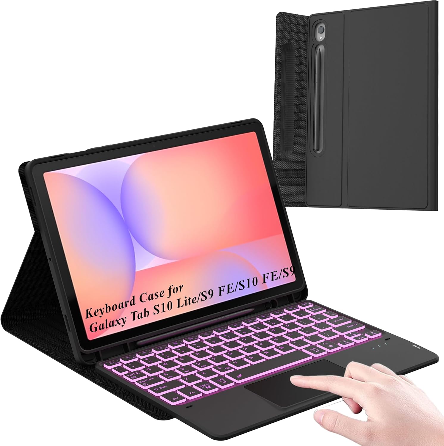 7 Color Backlit Keyboard Case for Samsung Galaxy Tab S10 Lite/S9 FE/S10 FE 5G 10.9 inch/Tab S9 11 inch with S Pen Holder - Slim Stand Cover Detachable Wireless Bluetooth Keyboard with Smart Touchpad