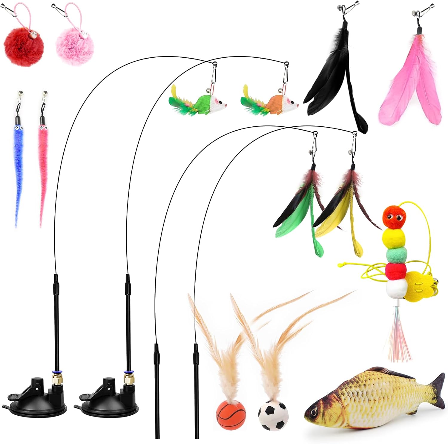 GAOHAN 18 Pcs Cat Toys, Indoor Feather Cat Toy – 4Pcs Poles with 2 Suction Cup, 10Pcs Removable Plush Feather Toys, 2Pcs Bouncy Balls, 1Pcs Doll Fish, and 1Pcs Hanging Plush Ball Toy