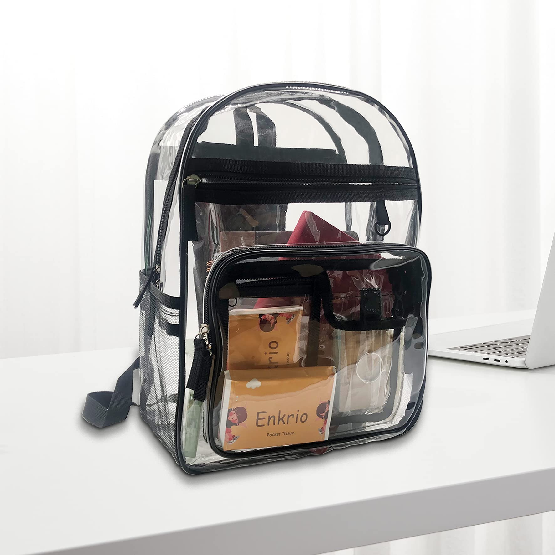 Borse trasparenti Zaino trasparente Heavy Duty Vedere Attraverso Zaino Stadio Approvato Daypacks per Lavoro Viaggio, Finiture trasparenti e nere, 11”L x 5.9”W x 16.5”H