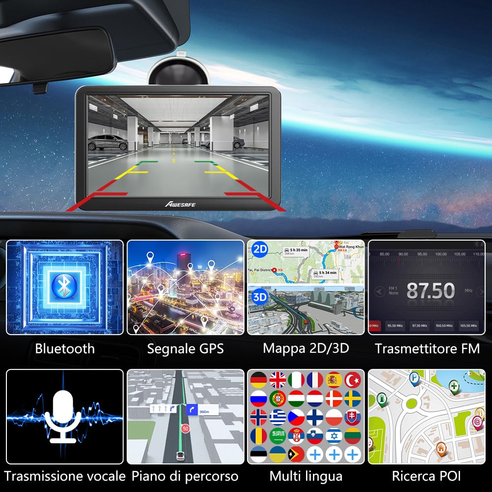 AWESAFE Bluetooth Navigatore Auto Camion con Telecamera retromarcia 7 Pollici GPS Navigatore con Trasmissione vocale, Mappa 2D/3D, Aggiornamenti Gratuiti delle Mappe a Vita
