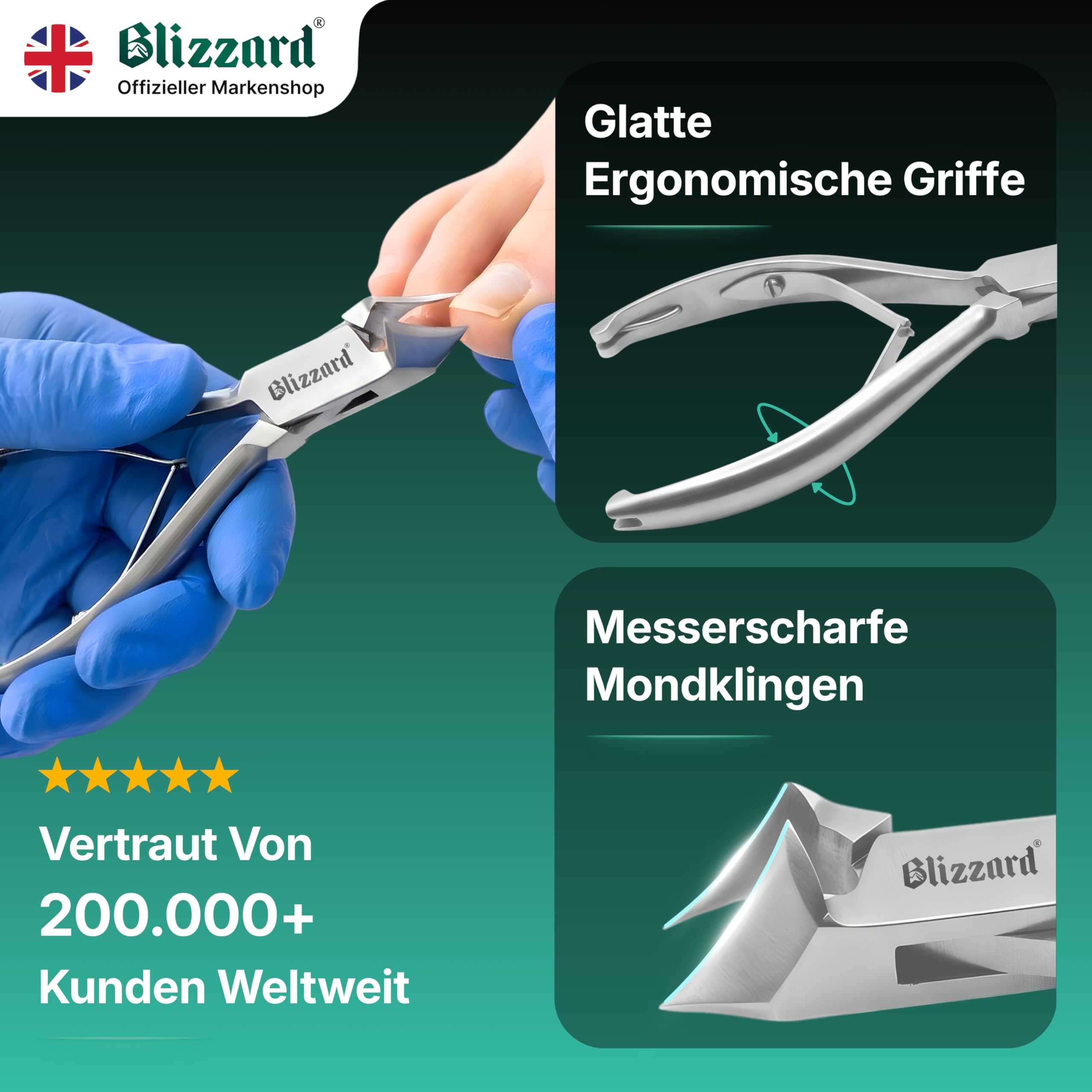 Blizzard Nagelzange für Fußnägel – Nagelzange mit Kopfschneider für dicke & eingewachsene Zehennägel – Profi Pediküre Fußpflege Werkzeug aus Edelstahl inkl. Metall Nagelfeile – 13,5 cm
