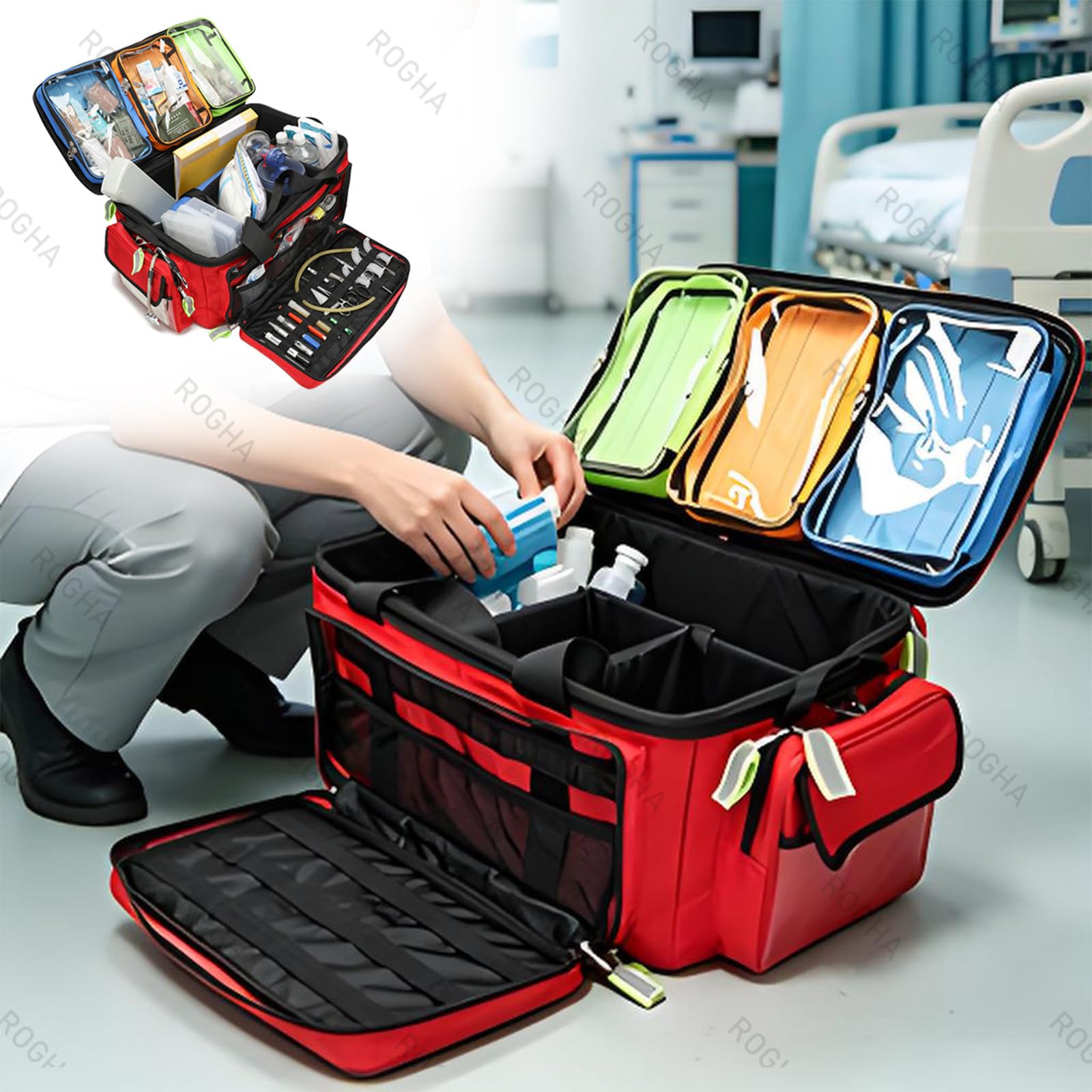 Bolsa médica con Ruedas, botiquín de Primeros Auxilios, Caja de Emergencia Desmontable con Varilla de tracción, con Compartimentos y Tiras Reflectantes, para técnicos de emergencias médicas Red