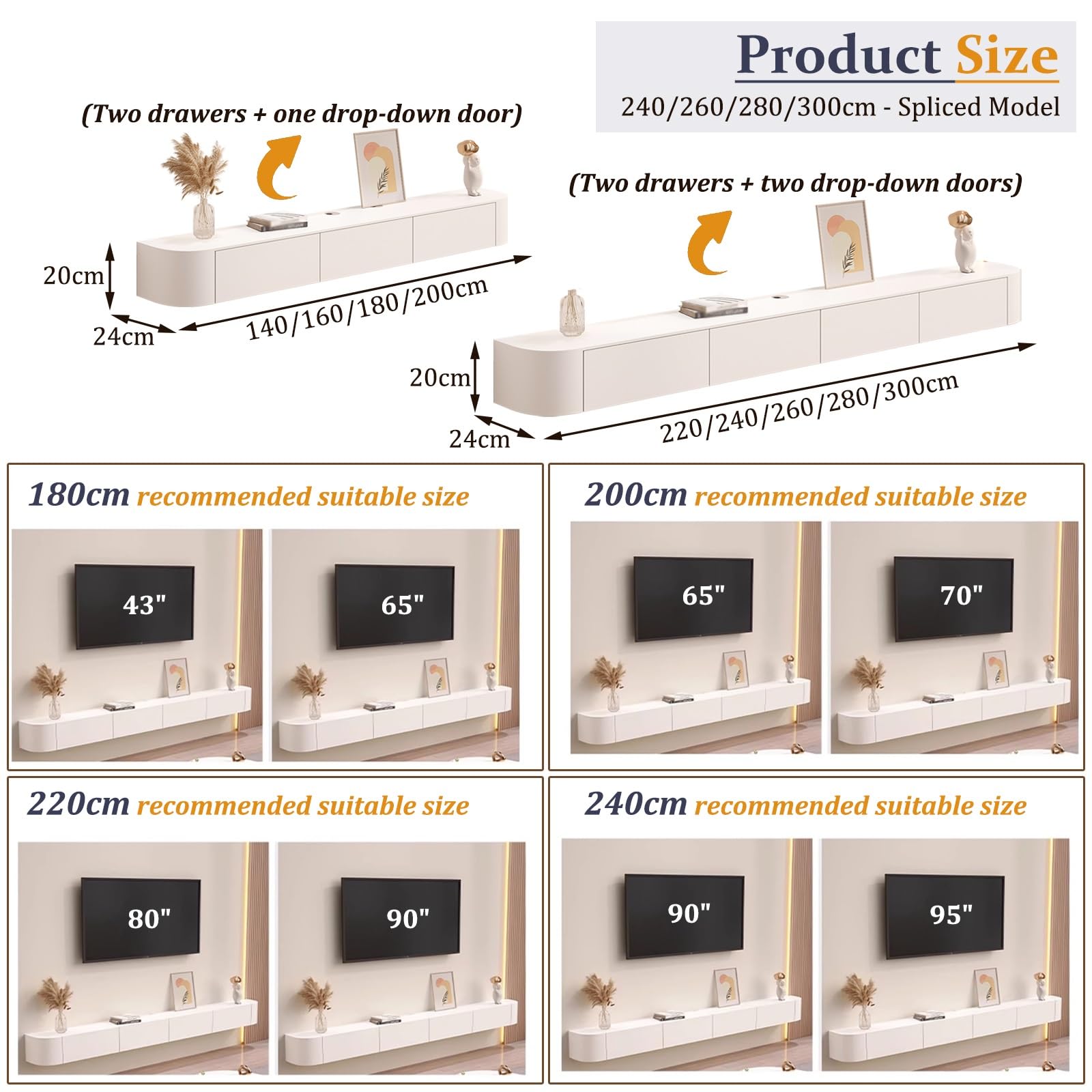 Floating TV Unit, Wall Mounted TV Cabinet, Floating Shelves With 4 Cabinets, Wooden Entertainment Media Console Center Large Storage TV Bench For Living Room & Office(White,200cm)