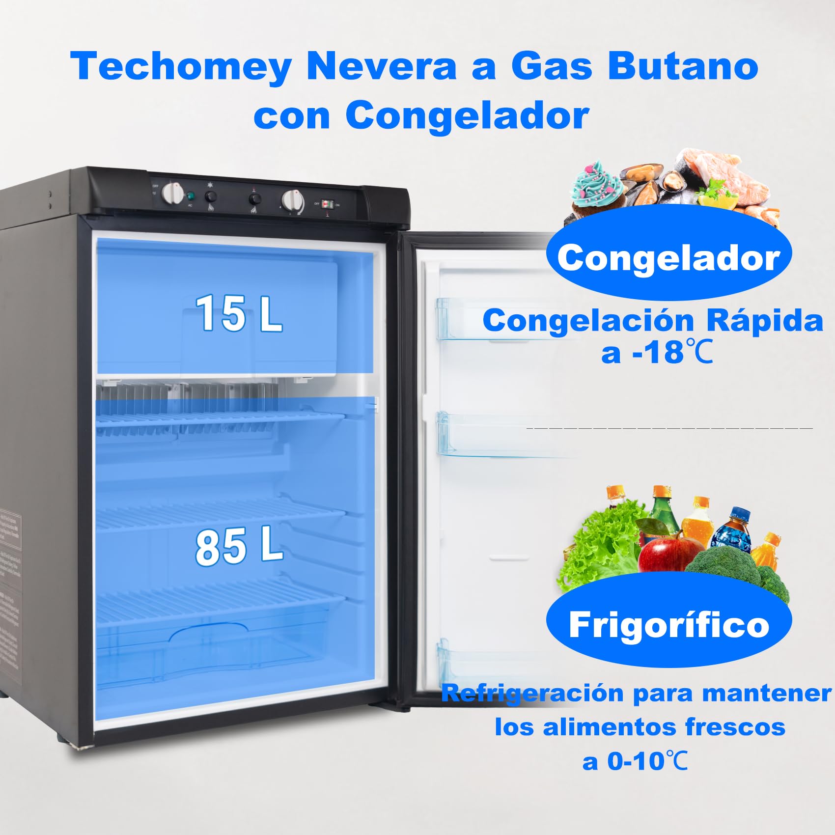 Nevera a Gas Butano con Congelador 100L, Trivalente Camper con Congelador, Nevera a Gas Butano Propone para Furgoneta, Autocaravana