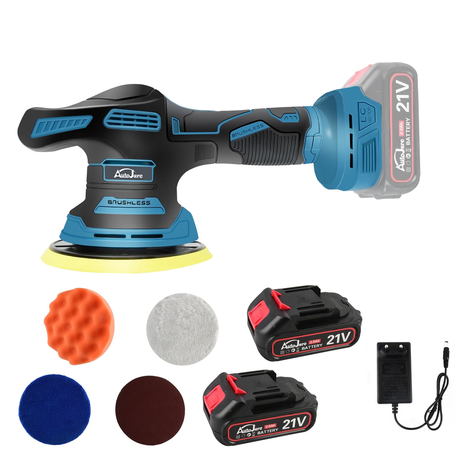 Akku Poliermaschine Auto 6 Zoll Exzenterpolierer mit 8 Geschwindigkeiten, 4pcs Auto Poliermaschinen Set, 2x 2000mAh Akku für Autodetailing, Wachsen, Polieren