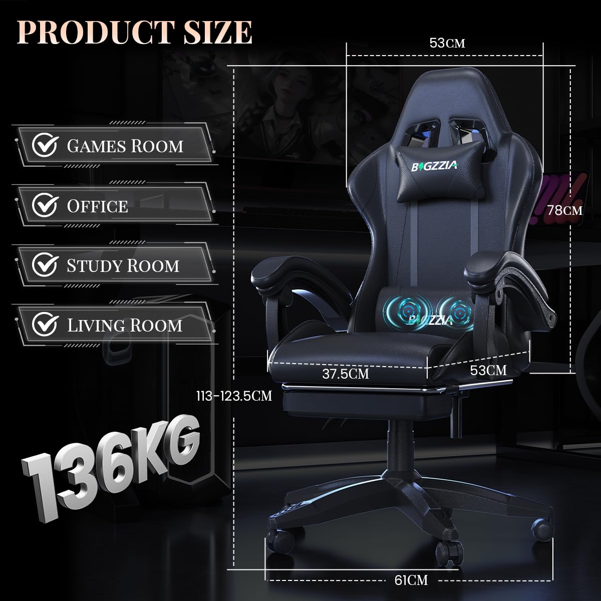 bigzzia Chaise Gaming avec Fonction Massage, Ergonomique Chaise de Gaming Ergonomique avec Coussin Lombaire Massant, Fauteuil Gaming réglable et pivotant capacité de Charge 150 kg