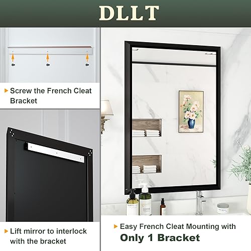 Miniatura 5 de DLLT - Espejo de baño negro de 36 x 24 pulgadas para pared, espejos de pared con marco de aleación de aluminio, espejo rectangular biselado para