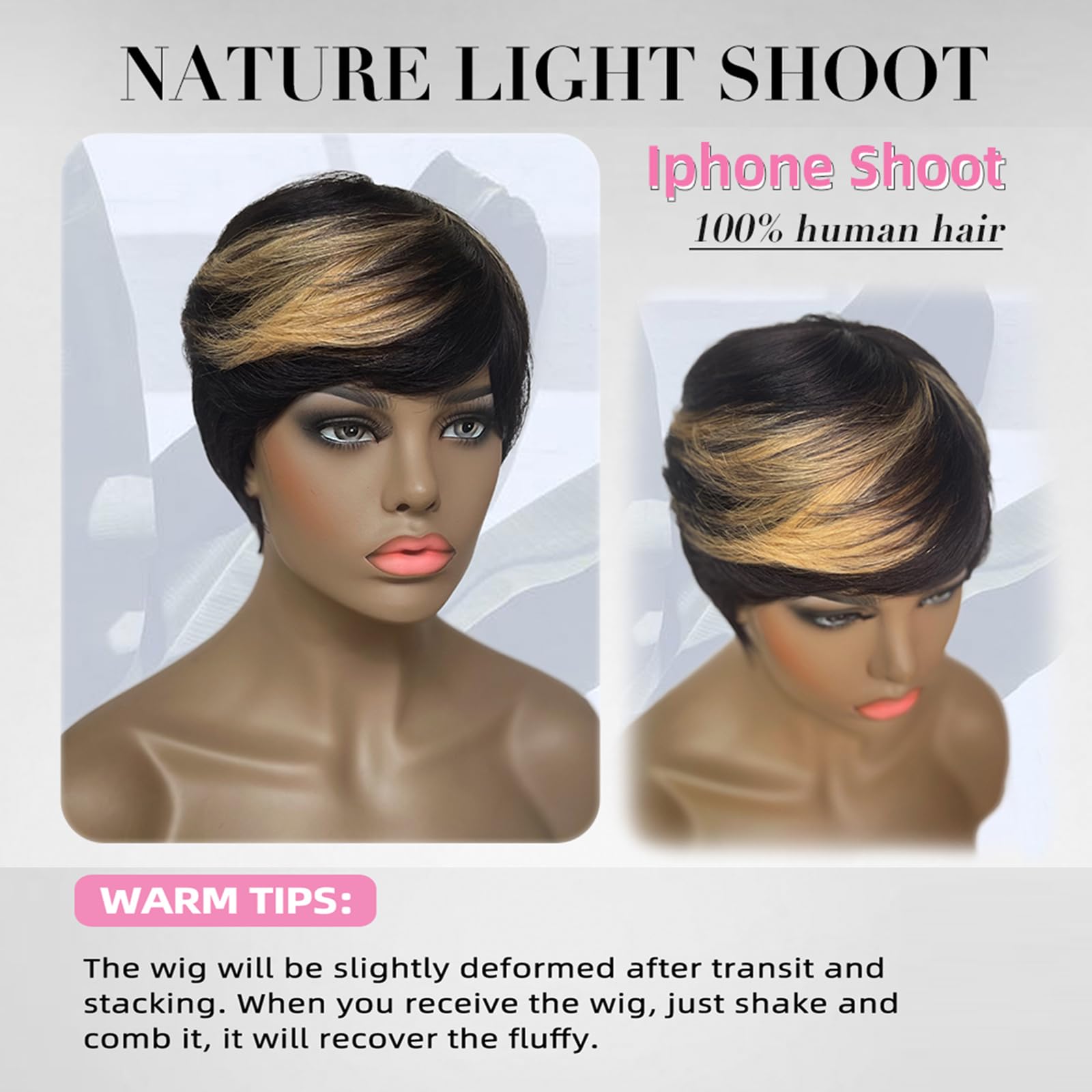 Short tapered cut black highlights wig 2019 Amazon.com : INSTANT FAB Short Human Hair Wigs Pixie Cut  main image 4