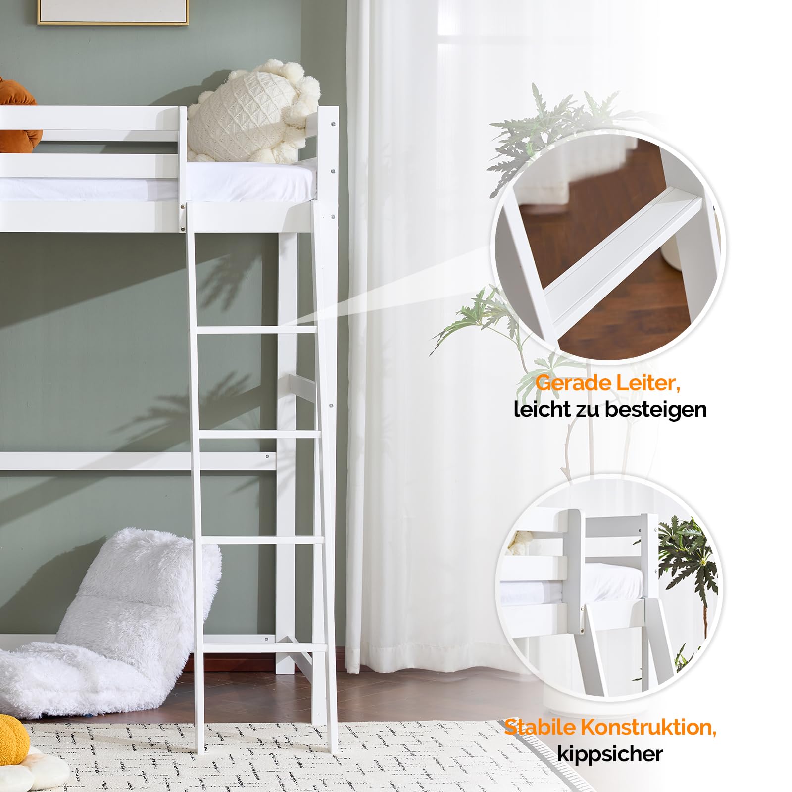 VINGLI Hochbett 90x200 cm, stabiles Kinderbett aus Kiefernholz mit Rausfallschutz und Treppe, 2-in-1 Jugendbett mit 3-stöckigem Regal, Weiß