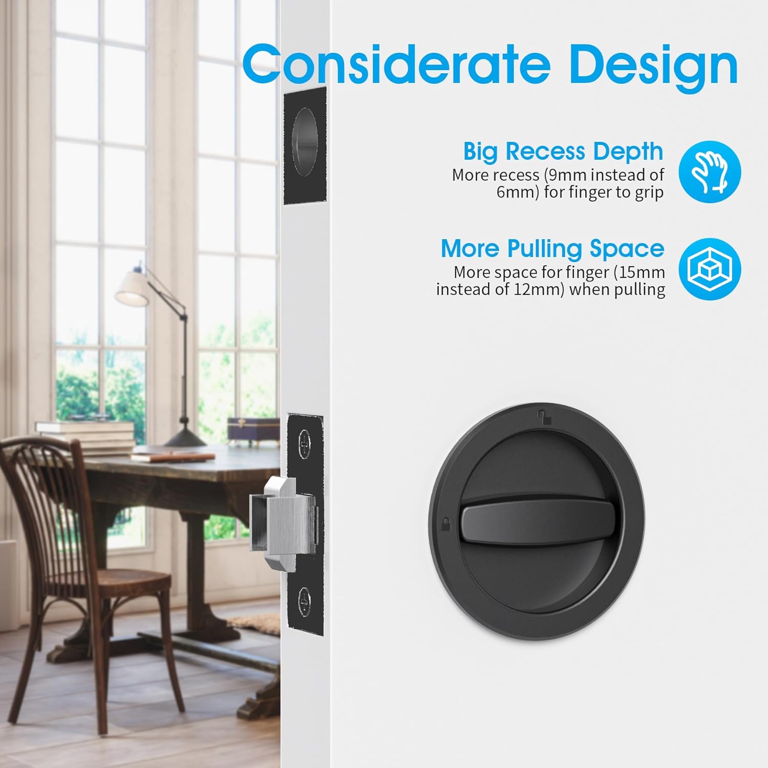 AST Round Pocket Door Lock with Edge Pull, Sturdy Privacy Bifold and Cavity Sliding Door Lock with Flush Pull, Replacement Hardware with Latch, Made of Zinc Alloy, Matte Black