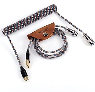 Coiled USB C Cable for Mechanical Keyboard with Aviator Connector, 52 Inches Black Nylon Braid USB C Keyboard Cable, Customized USB C to USB a Cable