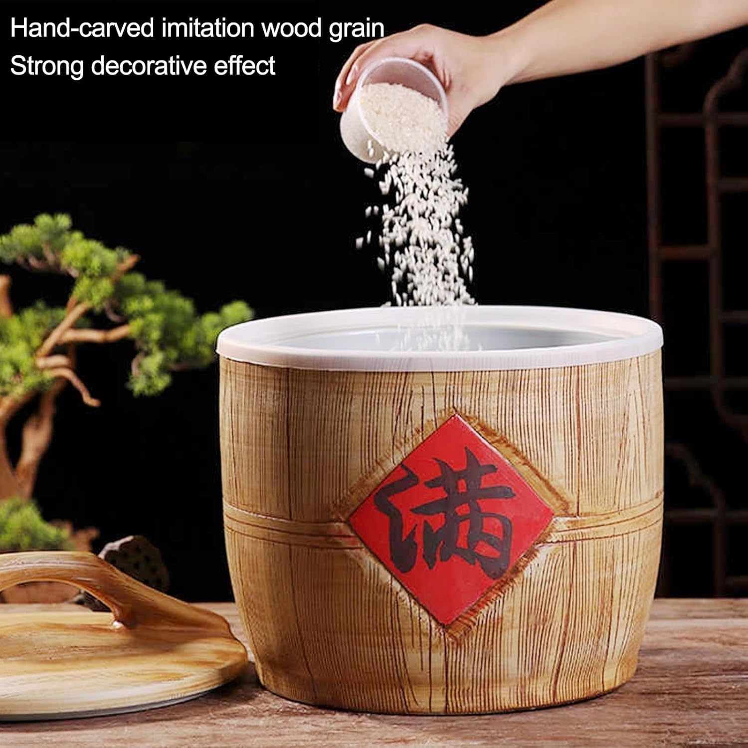 Ceramic Rice Container Ceramic Rice Jar with Lid Ceramic Rice Bucket Food Storage Jar with Lid Ceramic Grain Dispenser for Grains Snacks Candy Food Dispenser(A,5kg)
