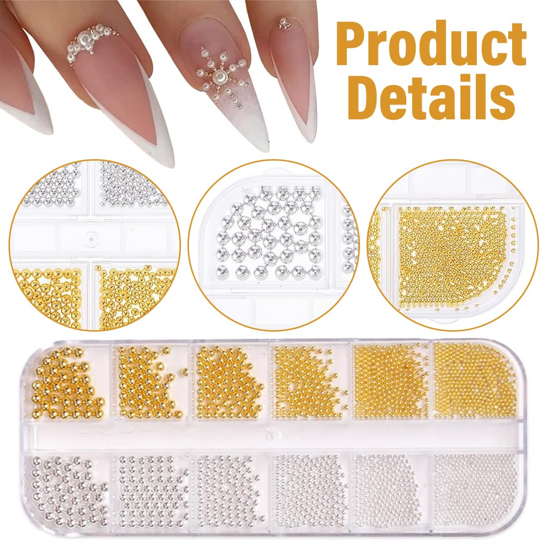 1 pièce Perles à dos plat pour nail art,Lot de 2 boîtes en acier doré et argenté,Pour ongles en gel,caviar,vêtements,bricolage,3D petite perle design deco ongle