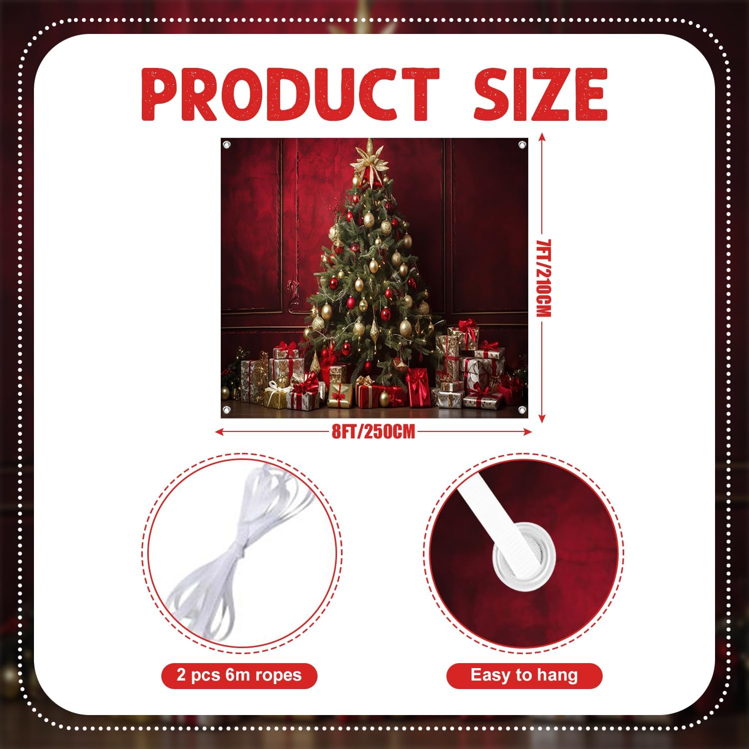 7x8ft Christmas Tree Garage Door Decor Retro Red Wall Golden Sphere Ornaments Festive Presents Gifts Festivals Garage Door Cover for Family Holiday Photo Shoot Studio Props