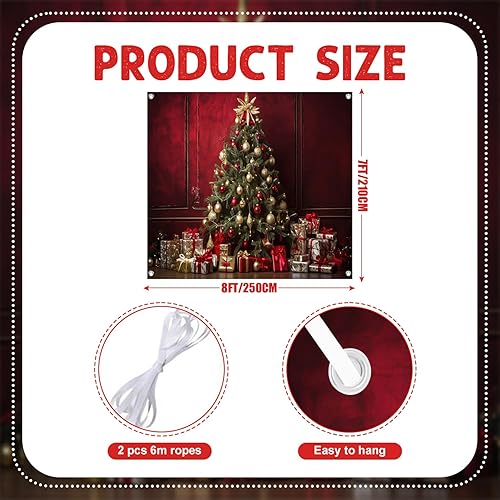 Miniatura 5 de Árbol de Navidad de 7 x 8 pies, decoración retro para puerta de garaje, decoración de pared roja, adornos de esfera dorada, regalos festivos,