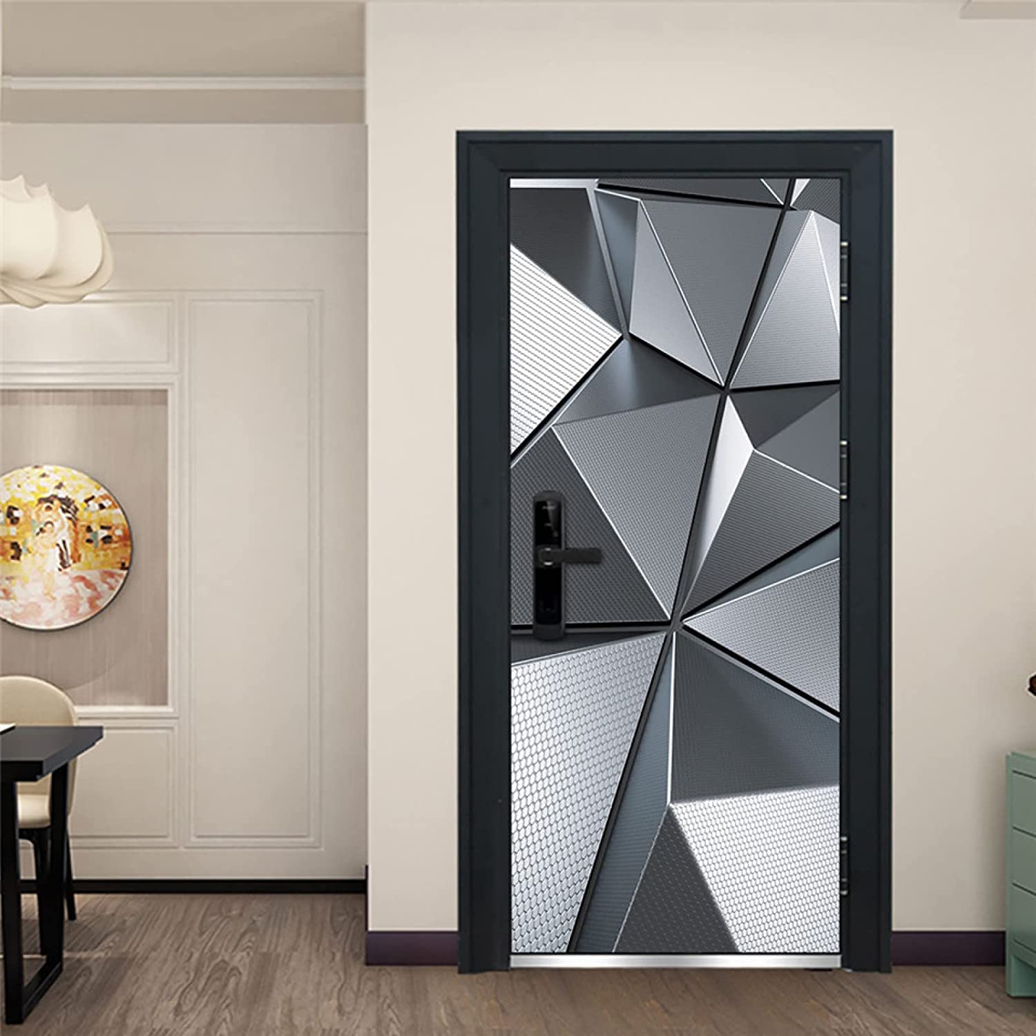 3D Door Art, 90 X 200 Cm Silver Creative Triangle Geometry Self-Adhesive Door Mural Waterproof Removable Mural Door Stickers, Bedrooms Bathroom Home Art Poster Decoration Door Decals