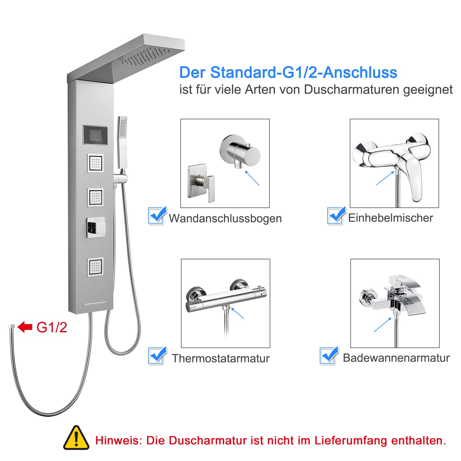Duschpaneel ohne Armatur, LED-Temperaturanzeige, Edelstahl 304 | Duschpaneel mit Regendusche, 3 Massagedüsen, Handbrause und Wanneneinlauf, Duschsäule Gebürstet