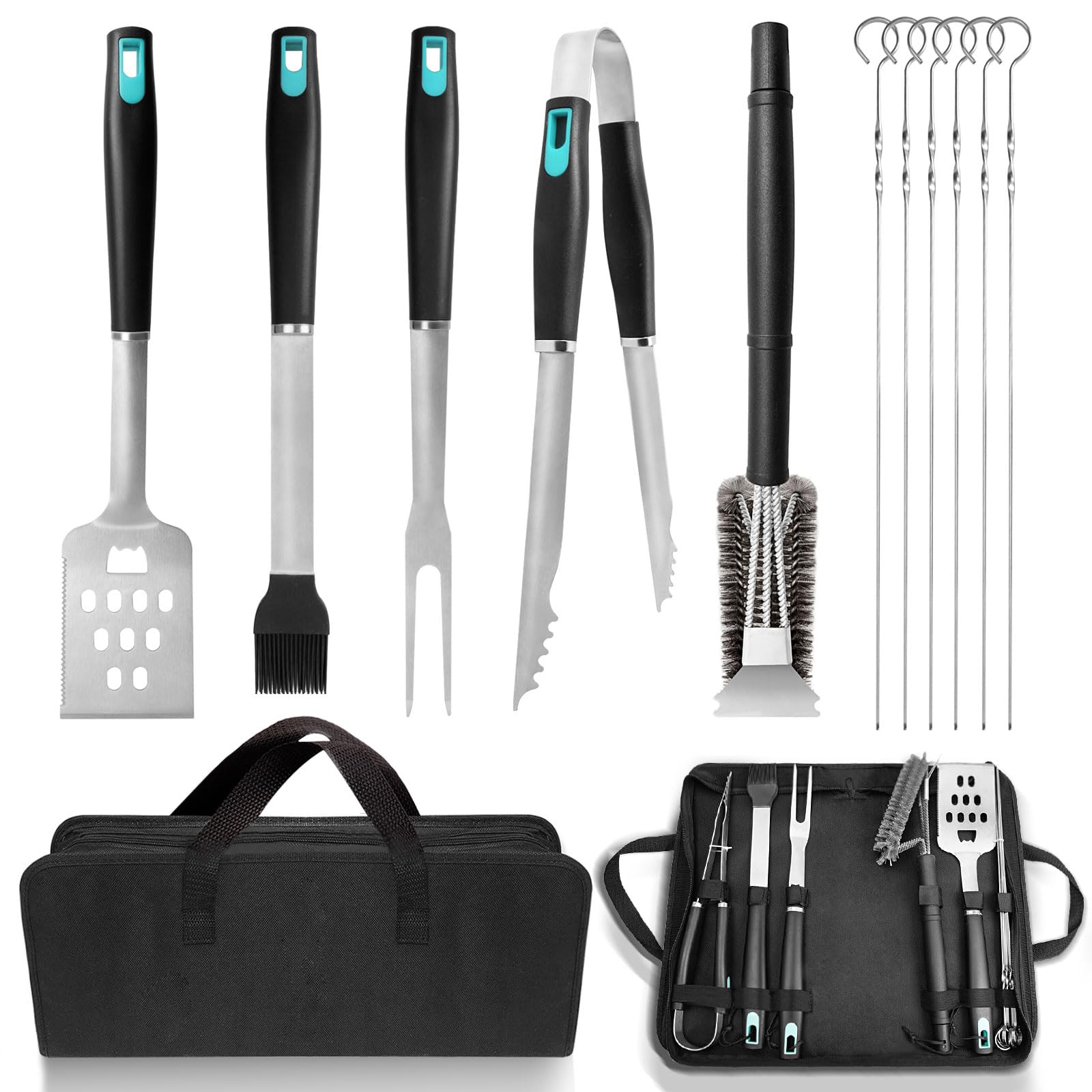 XSSIVE Juego de 5 herramientas para barbacoa con bolsa de almacenamiento, espátula, tenedor, pinzas, cepillo para untar y limpiador para cocinar al aire libre