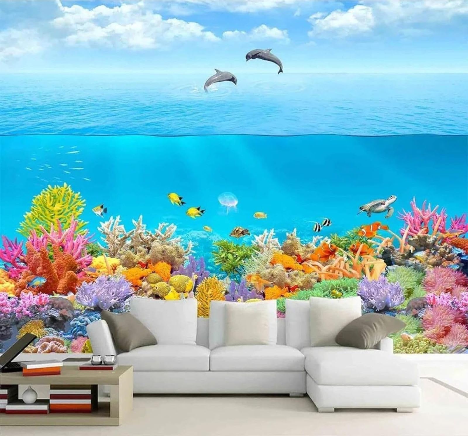 XLMING Fresh Ethereal Underwater World Dolphins Coral 3D Wallpaper Luxury Home Dining Decor Paste Sofa Living Room The Wall for Bedroom Mural-350cm×256cm