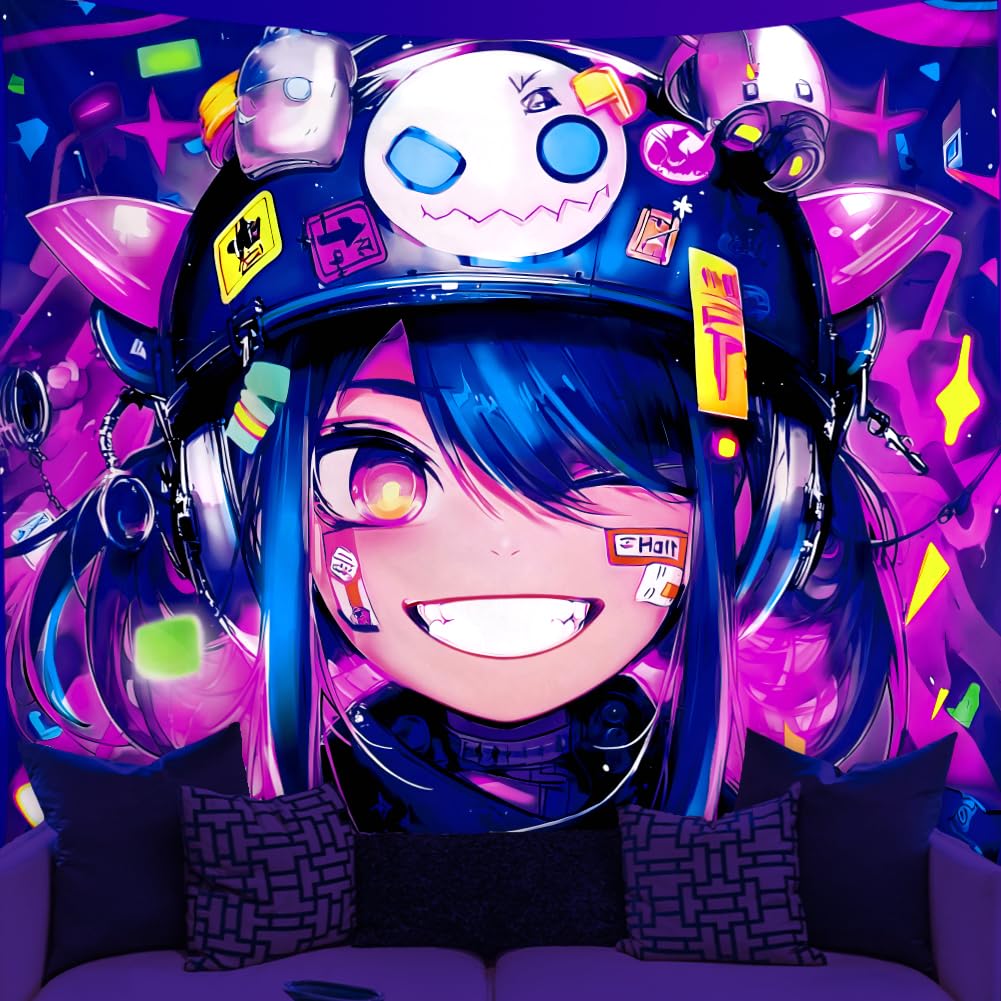 WEBEEDY Blacklight Fluorescent Anime Tapestry Cartoons Wall Hanging UV Reactive Tapestry Neon Cartoons Blacklight Poster for Bedroom Living Room Gamer Room, Gift for Anime Fans, 150x130cm