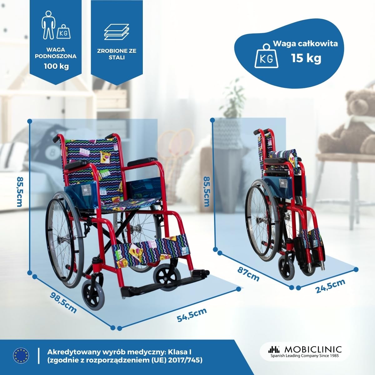 Mobiclinic, wózek inwalidzki dziecięcy, składany, hamulec na uchwytach, podnóżek i stałe ramiona, tapicerowane czerwonym nadrukiem, siedzisko, ultralekkie, model Teatro