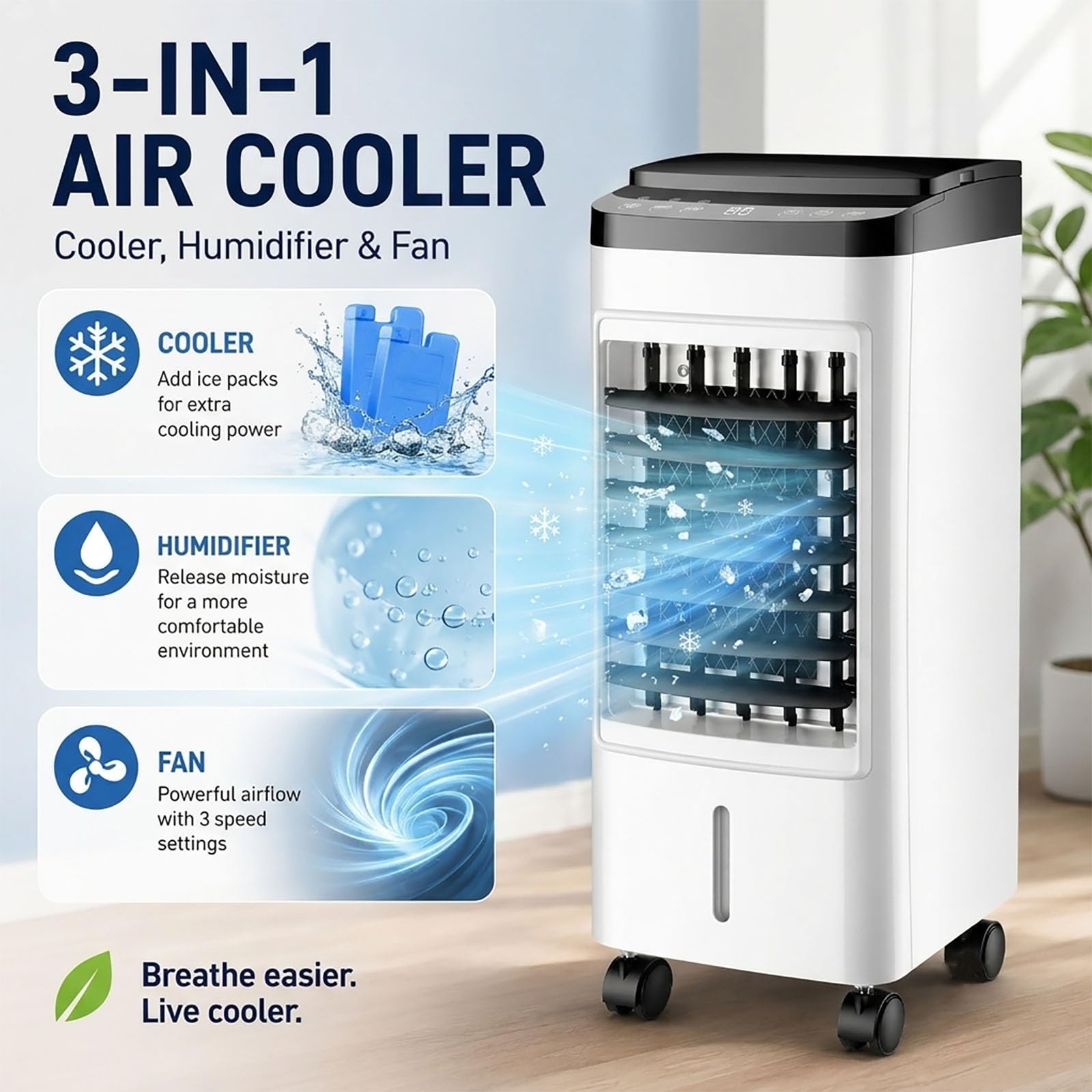 Chłodziarka Powietrza Do Domu, Nawilżacz Parowy 3 W 1 I Wentylator Ze Zbiornikiem Na Wodę 4 L, 3 Ustawienia Prędkości, Automatyczna Oscylacja 120°, Przenośna Klimatyzacja Z Pilotem Do Sypialni I