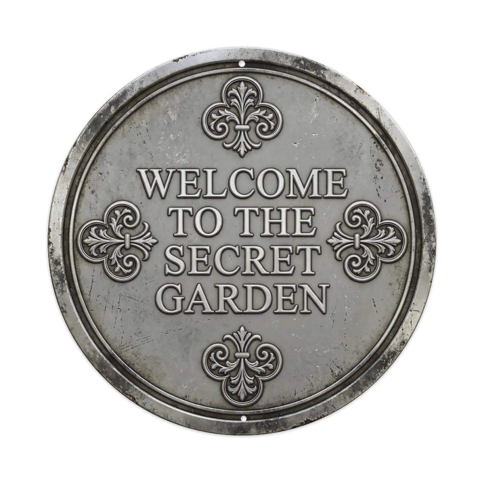 Vintage Welcome Secret Garden Silver Pebble Trefoil Metal Tin Sign