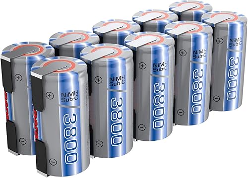 Tenergy NiMH SubC 1.2V 3800mAh Baterías recargables, con pestañas, paquete de 10