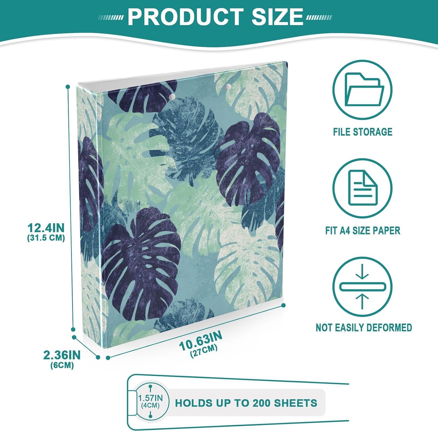 Green Blue Retro Monstera Leaf Binder 3 Ring 1.5 Inch Binder with Clipboard&Pockets, Hardcover Binders Heavy Duty Large File Folder for Office School Supplies - Holds 200 Sheets image 3