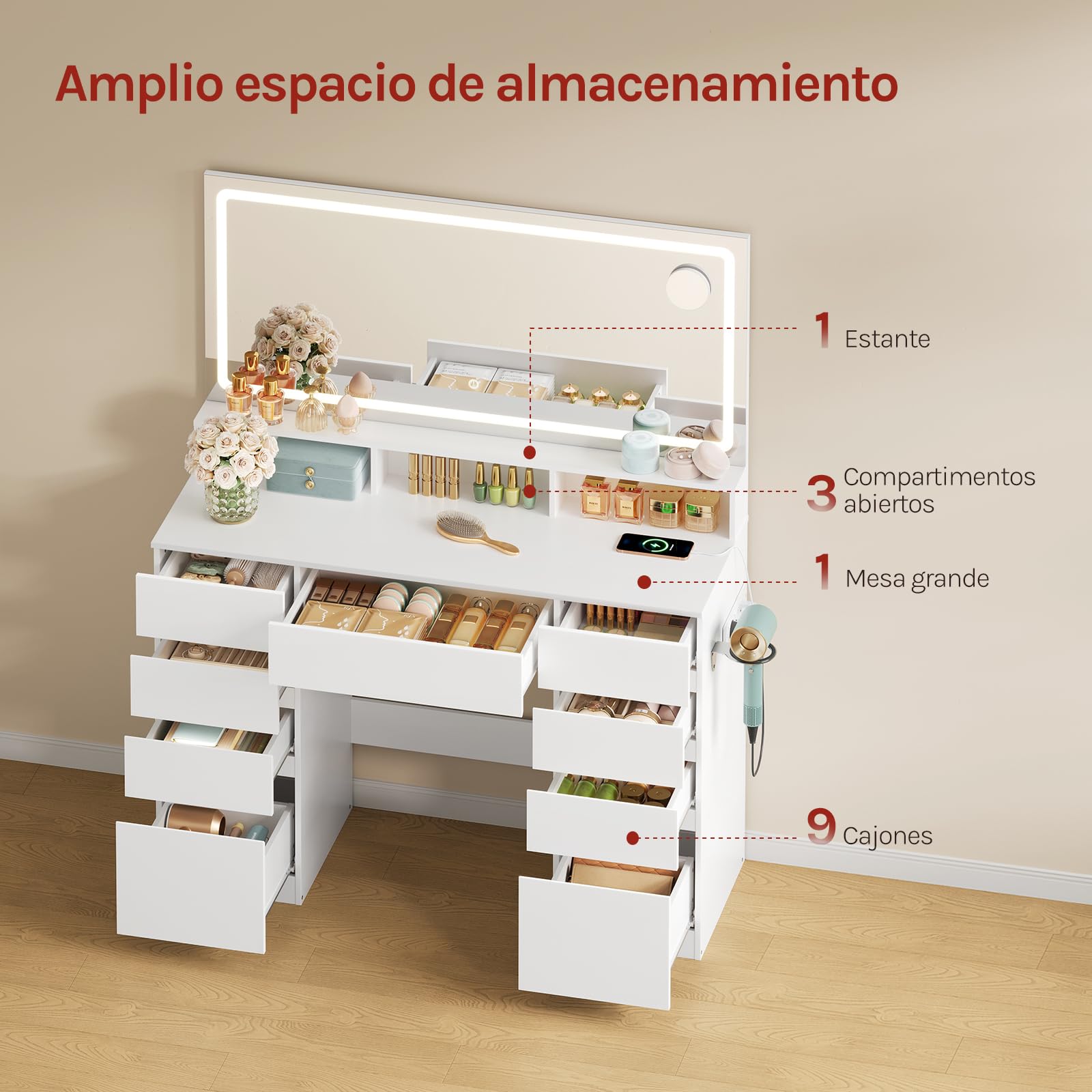 WOLTU Tocador Maquillaje con Espejo LED de Ancho 110 cm y Lupa 5X, Mesa Tocador con 9 Cajones y 3 Estantes, Estación de Carga y Soporte para Secador de Pelo, Blanco