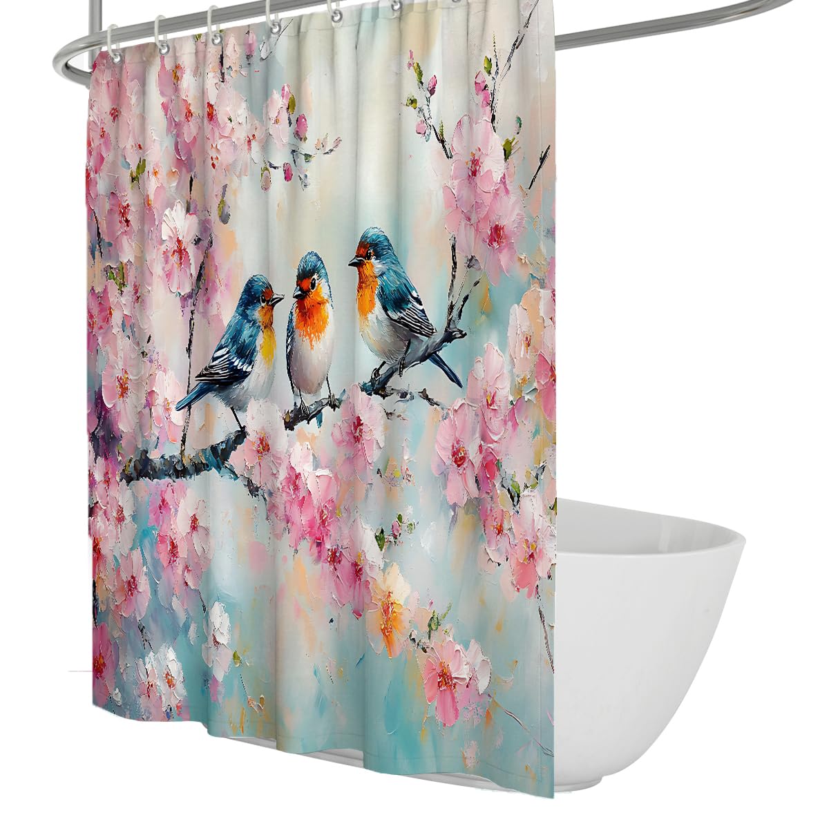 UERWOWELL Spring Cherry Blossom Shower Curtain Birds Bathroom Decor Watercolor Floral Fabric Shower Curtain with Hooks Water-Repellent & Washable W200xL200 cm