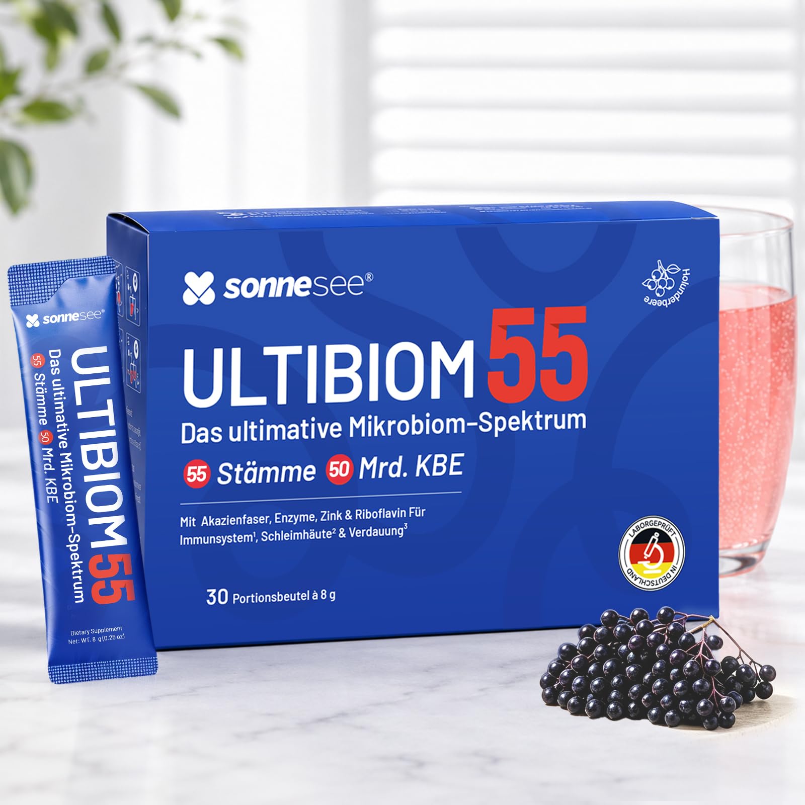 ULTIBIOM Darmflora-Komplex Pulver – 55 Bakterienkulturen, 50 Milliarden KBE pro Tagesportion, 30 Sticks – mit Akazienfaser, Inulin, FOS, Verdauungsenzymen, Vitaminen & Mineralstoffen