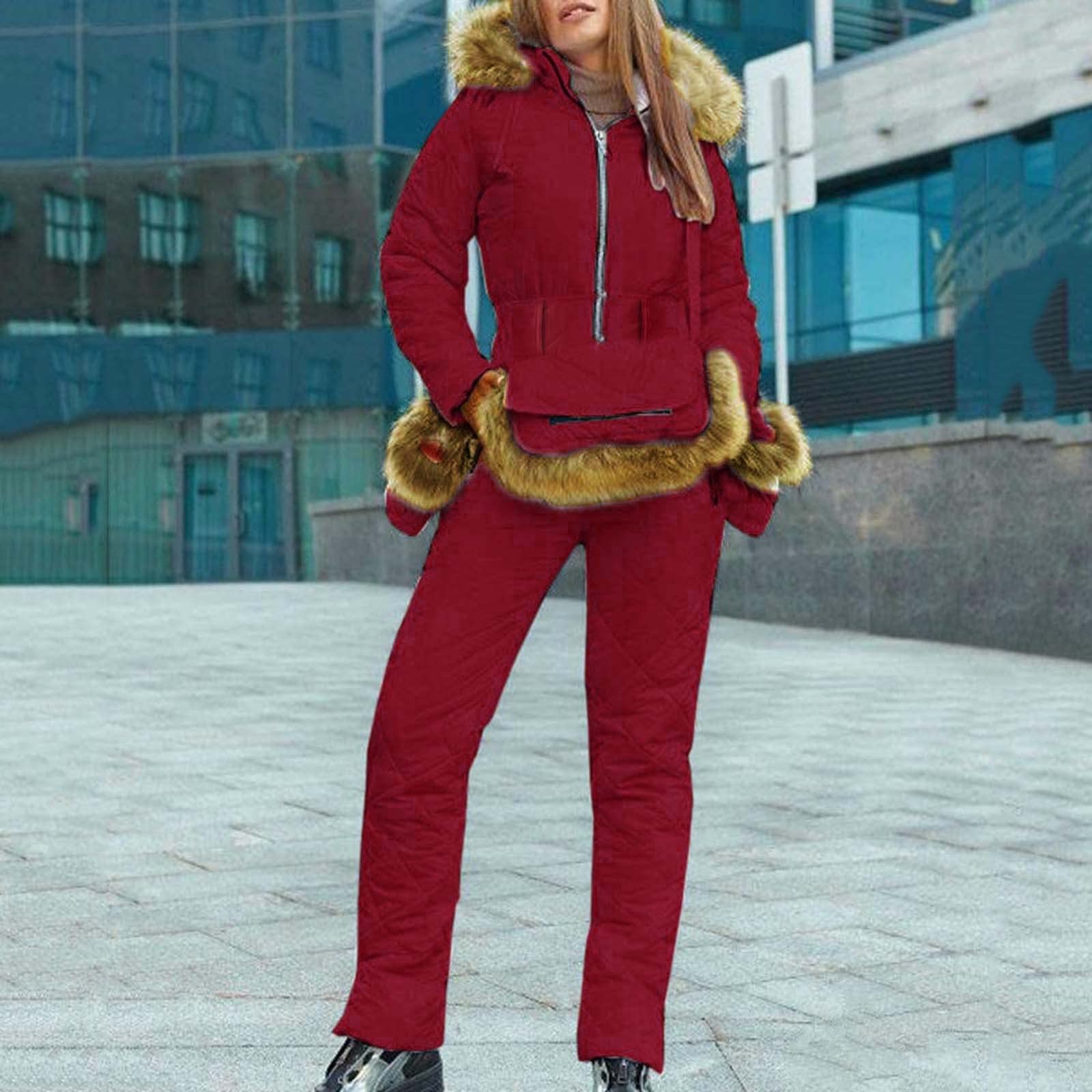 Damen Einteiliger Skianzug Solid Snowboard Skisuit Dicker Warmer Schneeanzug Overall Winddicht Wasserdicht Ski Overall Kapuze + Sporthose Outdoor Winter Wasserdicht Spielanzug