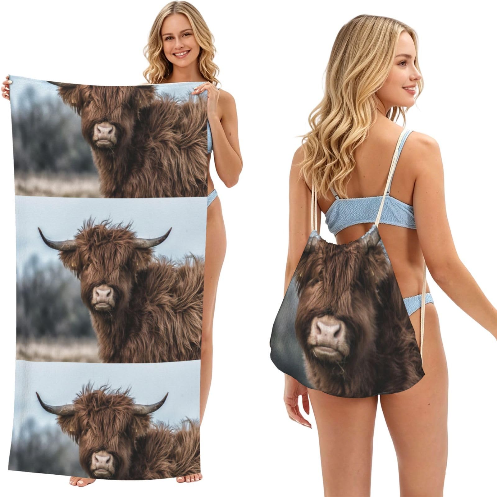 Poadnly As Picture Highland Cow Scottish Wildlife, 2 In 1 Packable Towel Bag, Beach Towels With Drawstring Backpack For Travel Holiday Camping