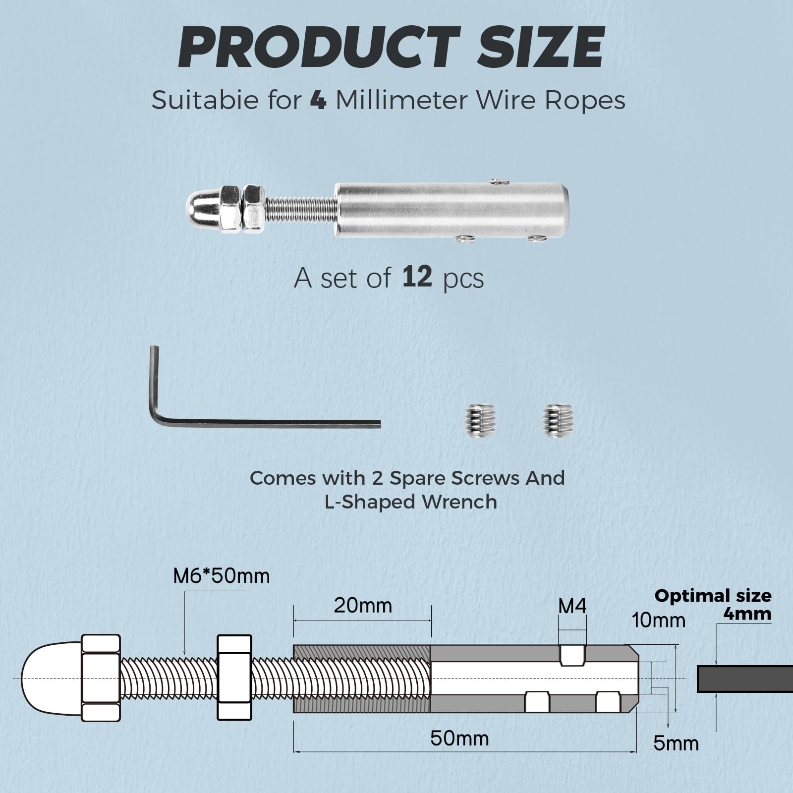 Tendeur Cable Inox pour Cable Inox 4mm, 12 Pièces et clé en L-Tendeur de câble Métallique de Câble en acier Inoxydable pour Fixation Hauba