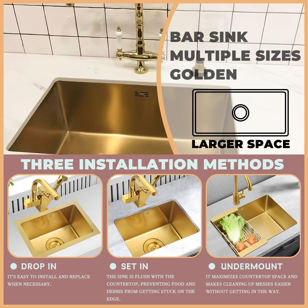 Lavelli Da Cucina, Lavello Singolo Golden Bar, Lavello Quadrato In Acciaio Inox Dorato Per Cucina/lavelli Da Bagno, Lavello Nano/Prep Con Kit Di Scarico, Facile Da Pulire, Da Incasso Sottotop