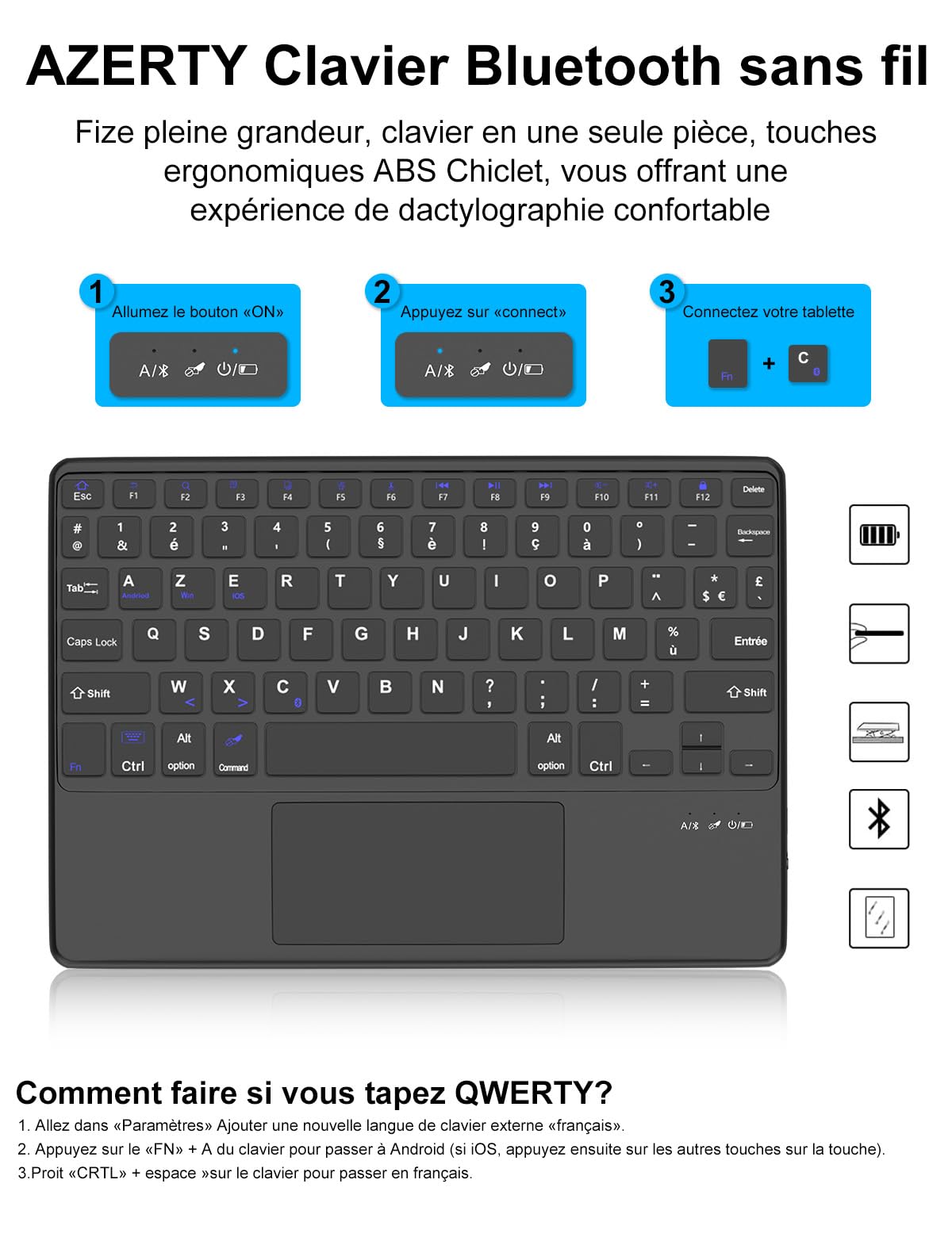 FOGARI Clavier pour Lenovo Tab M11 11" 2024, AZERTY Français Pavé Tactile Clavier Bluetooth sans Fil, Intelligent Housse pour Lenovo Tab M11 Tablette TB-330XU/330FU - Noir