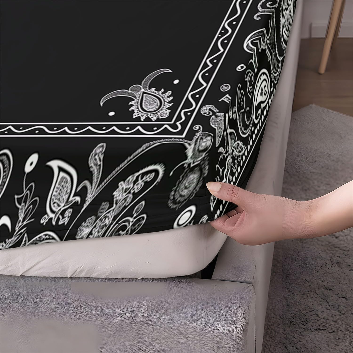 Paisley prześcieradło z gumką, miękkie prześcieradło, z nadrukiem, miękki, dekoracyjny materiał, pościel okrągła, elastyczna gumka 160 x 200 cm, wielokolorowe, zestaw z gumką, oddychająca pościel