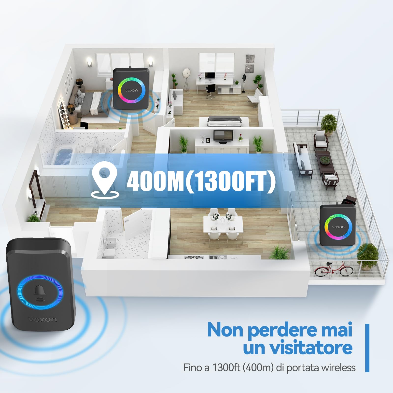 VOXON Campanello Senza Fili, Wireless Campanello con 2 Ricevitori Plug-in e 1 Trasmettitore, Portata 400M, IP65 Impermeabile, 60 Melodie con Flash LED, Doorbell per Casa e Ufficio (Nero)