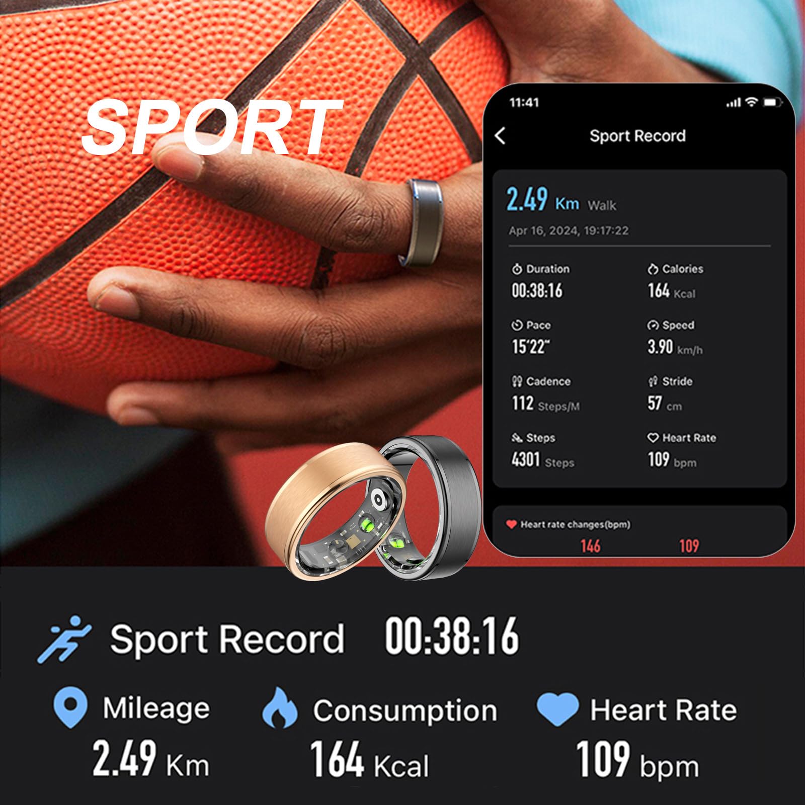 findtime Bague intelligente Android avec moniteur de fréquence cardiaque, podomètre, bague intelligente iOS, tracker de fitness, compteur de calories, bagues intelligentes pour homme et femme