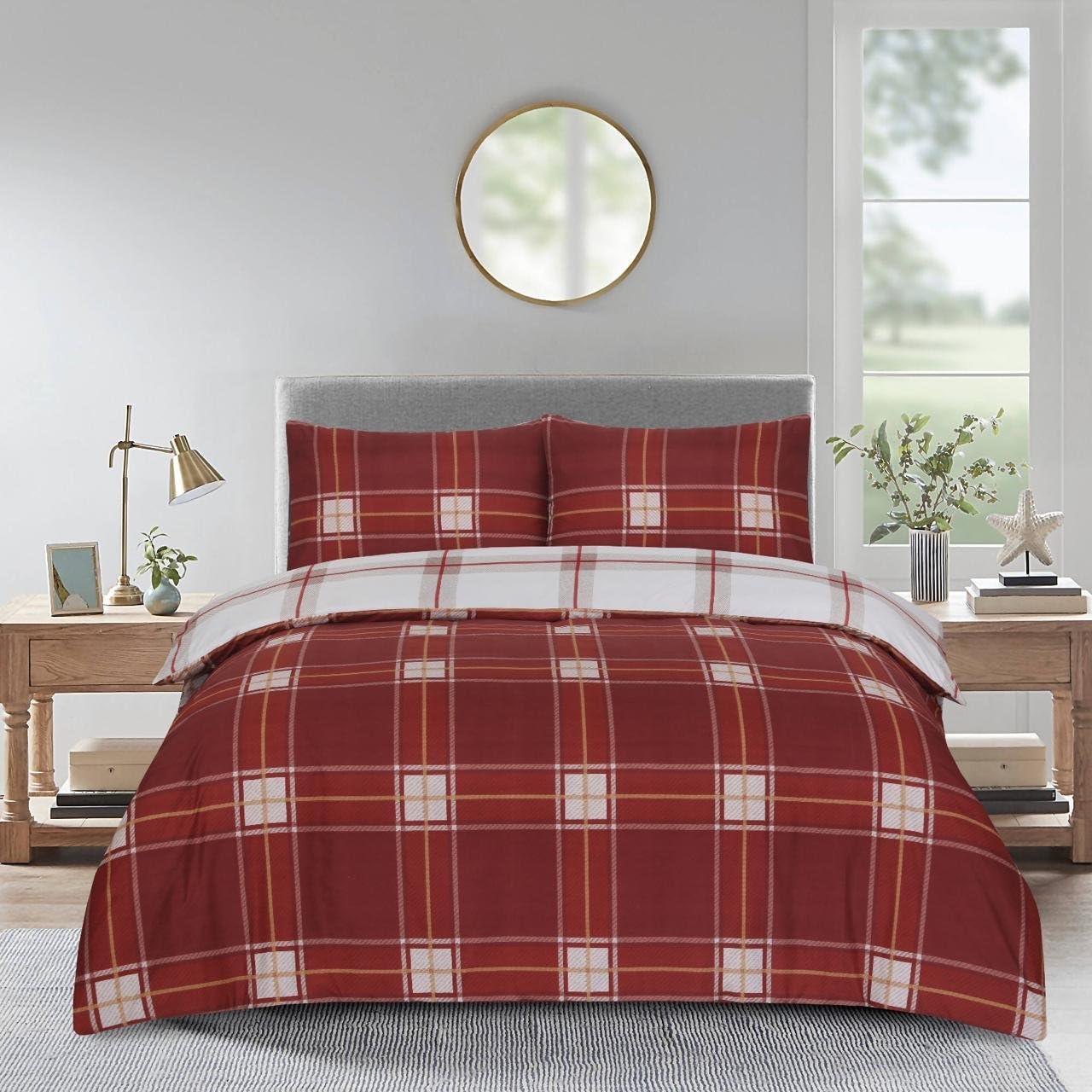 renoazul Microfiber Single Duvet Covers Set - Single Duvet and Pillow Set with Fitted Sheet, Bedding Sets Soft Quilt Cover Single Bed Set - Single 3 Piece, Plaid Check Red โ image 1