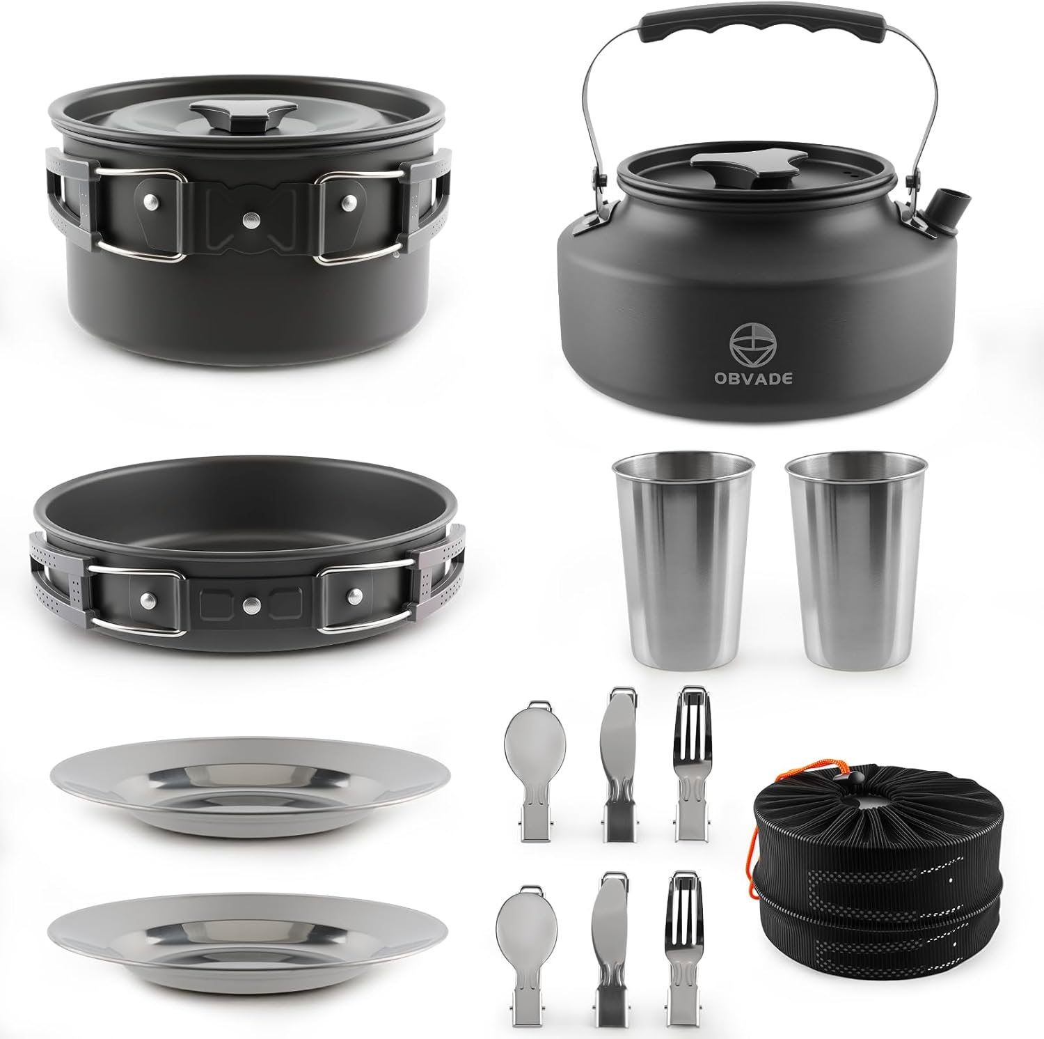 17-Piece Camping Cookware Set, Lightweight Backpacking Pot & Pan Kit with Non-Stick Anodized Aluminum, 0.45Gal Pot, 0.30Gal Kettle, 2 Cups & Cutlery Sets, Compact for Hiking(Plastic) (Plastic Handle)