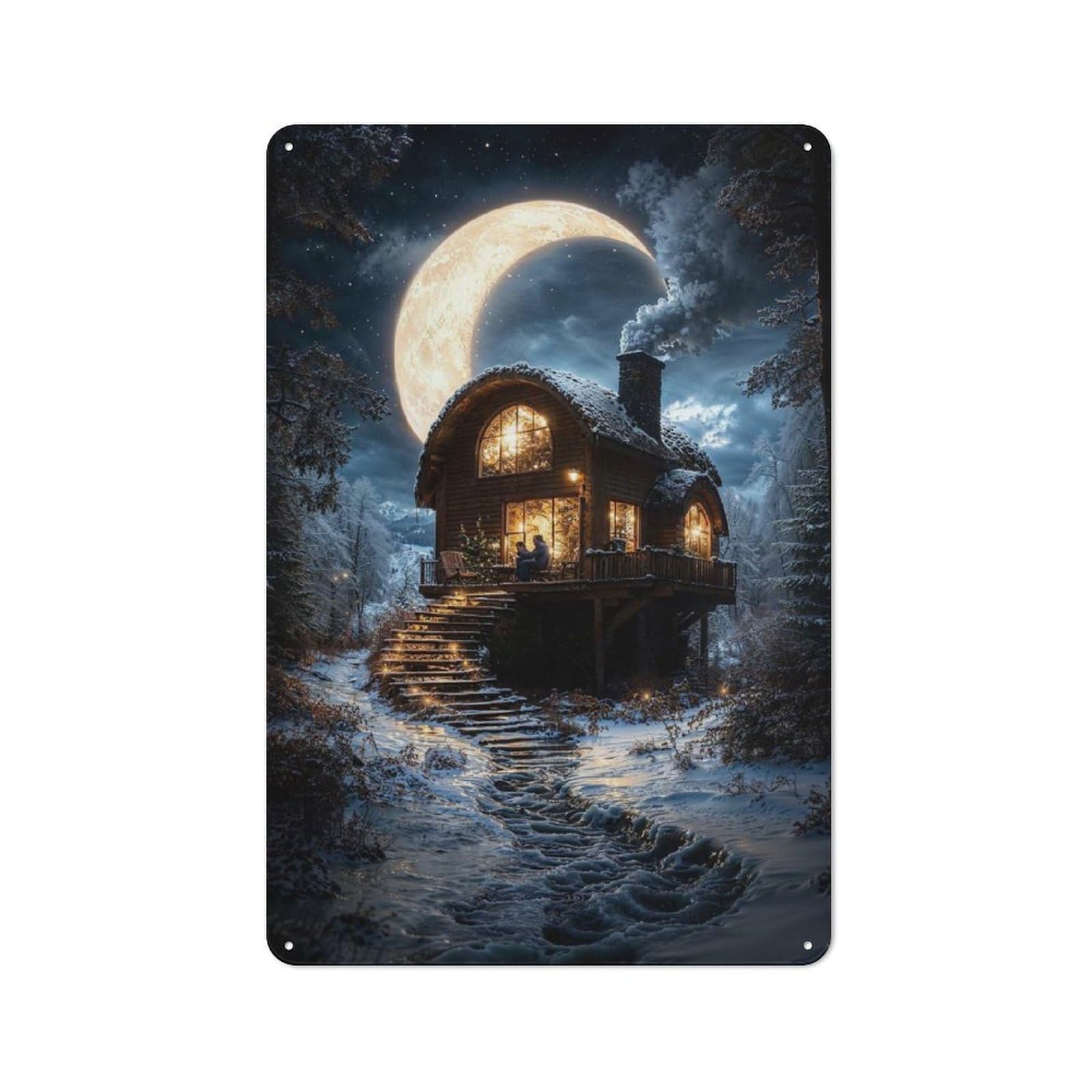 Junmoney Cozy Cabin Under Crescent Moon Vintage Tin Wall Plaque 30X20cm For Hallway Wall, For Kitchen, Dining Room And Home Bar Wall Decor