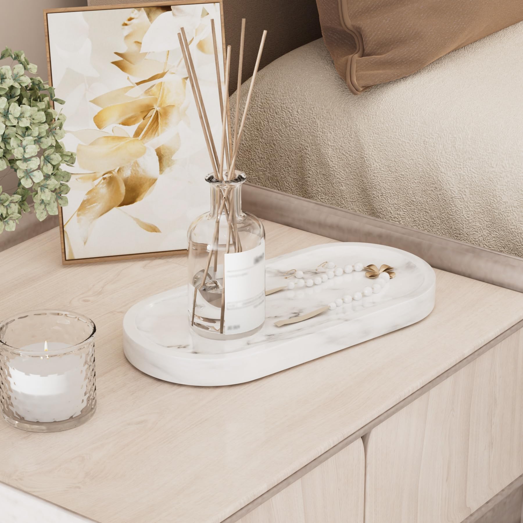 Plateau Decoratif Elliptique en Marbre,25x12x1.8cm,Blanc Carrara