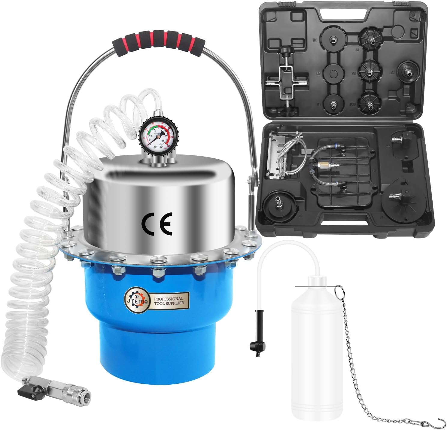 JIFETOR 5L Pneumatic Brake Pressure Bleeder Kit, Air Power Pressurized Master Cylinder Clutch Fluid Bleeding Tool Set with Bleed Machine, Collection Bottle and Adapters, Blue Cylinder