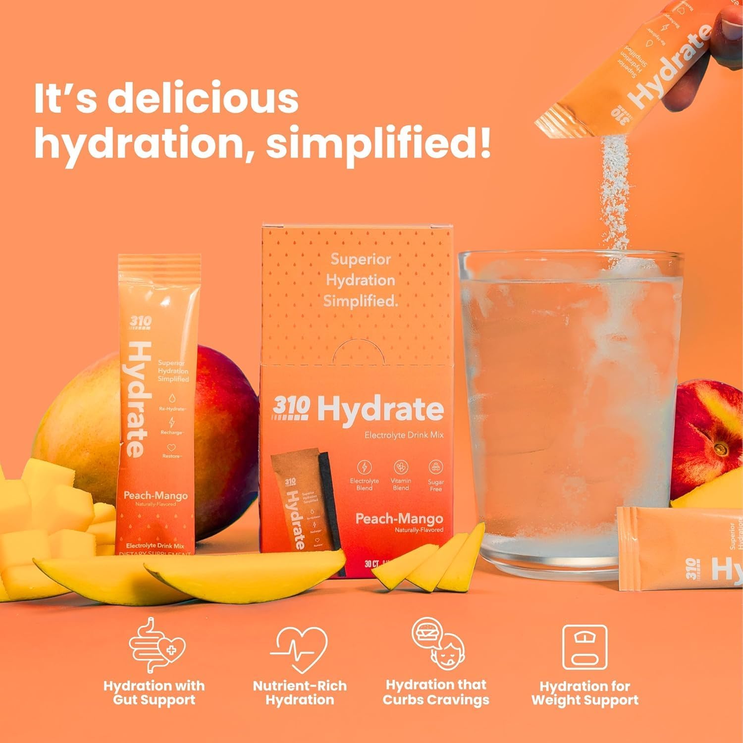310 Nutrition Sugar Free Electrolytes Powder - Instant Hydration Packets for Daily Fluid Balance - Caffeine-Free Rehydration Drink Mix w/ Vitamins, Low Calorie & Keto Friendly - Peach Mango 30 Singles